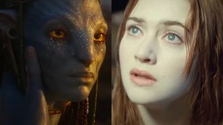 Neytiri (Zoe Saldaña) cries after her son's death in Avatar: The Way of Water and Rose DeWitt Bukater (Kate Winslet) looks for help in Titanic 