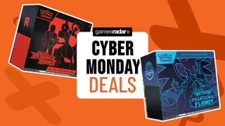 Destined Rivals and Phantasmal Flames Elite Trainer boxes on either side of a GamesRadar+ Cyber Monday deals badge, all against an orange background