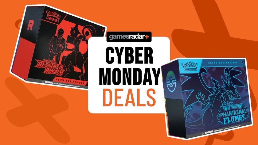 Destined Rivals and Phantasmal Flames Elite Trainer boxes on either side of a GamesRadar+ Cyber Monday deals badge, all against an orange background