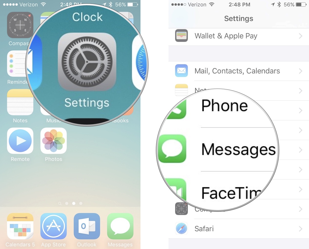 Remove email address from iMessage, showing how to open Settings, then tap Messages