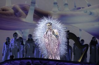 Björk on stage in a spikey costume