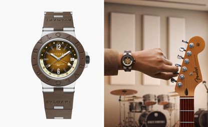 Brown Bulgari Aluminium GMT x Fender Limited Edition watch, as still life and seen on model&#039;s wrist, beside guitar