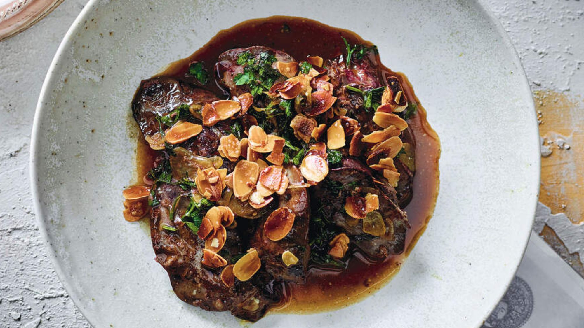 chicken livers, sherry, almonds 