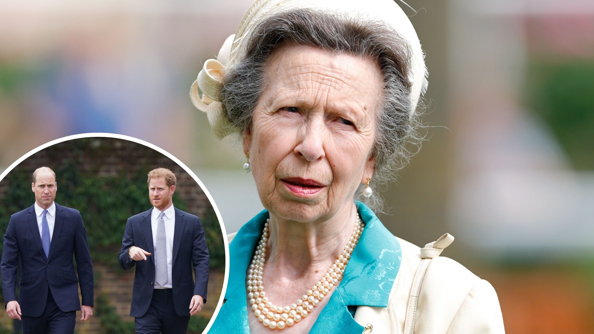 A roundel showing Prince William and Prince Harry walking together in 2021 and a picture of Princess Anne at Ascot 2026