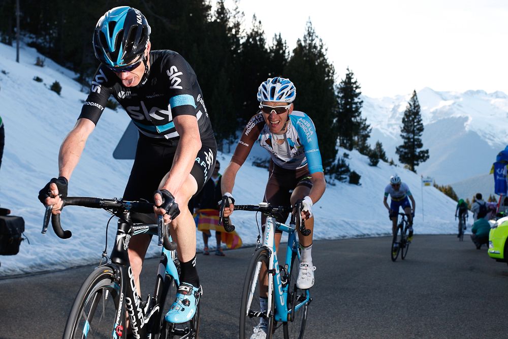 Chris Froome and Romain Bardet ride to the finish of stage 4 at Volta a Catalunya