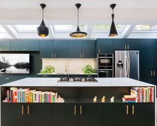 Blue kitchen with floor-to-ceiling storage and island