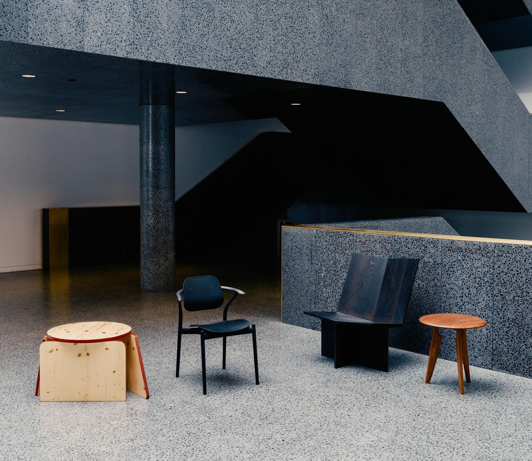 Photographed in the Studio Museum in Harlem&#039;s lobby, from left: &amp;lsquo;Futures&amp;rsquo; side table by Sefako Tolu; &amp;lsquo;Iquo&amp;rsquo; chair by Ini Archibong; &amp;lsquo;Assemblage&amp;rsquo; chair by Charles O Job; and &amp;lsquo;Iklwa&amp;rsquo; stool by Mac Collins