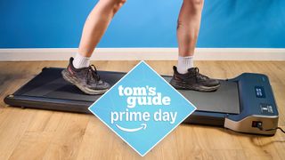 WalkingPad Z1 photographed in front of a blue background with a prime day badge