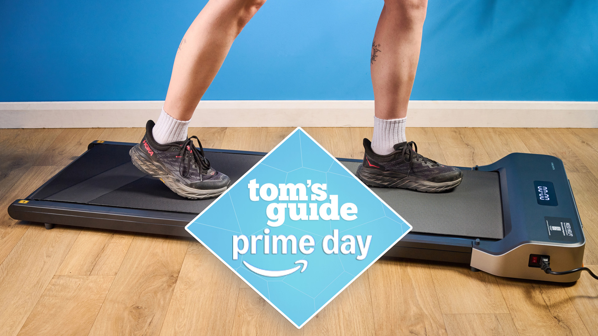 WalkingPad Z1 photographed in front of a blue background with a prime day badge