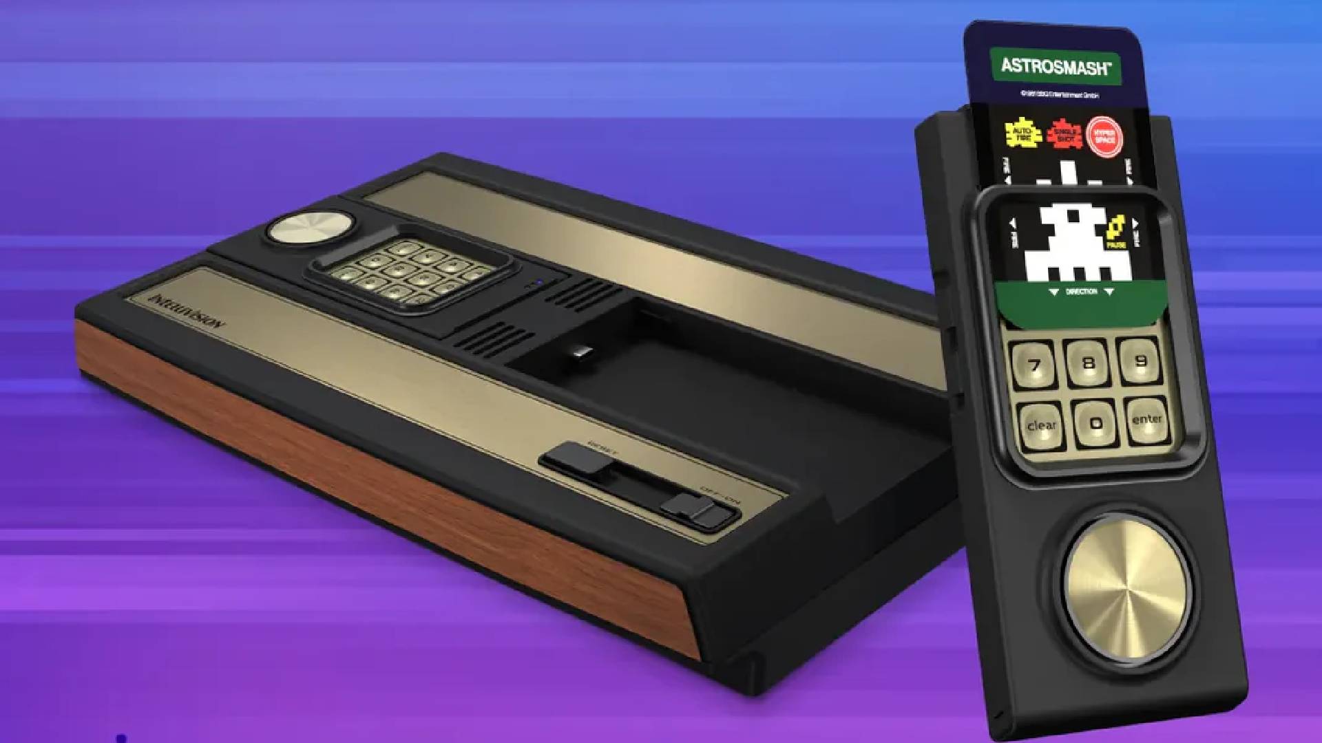 Intellevision Sprint console next to controller with blue and purple backdrop.