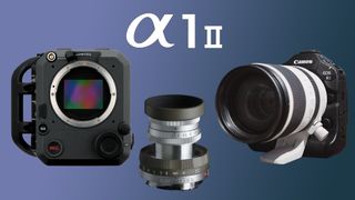 Composite image of the Fujifilm GFX Eterna, Voigtlander Apo-Lanthar 50mm f/3.5 VM Limited, Sony A1 II logo and Canon EOS R1 against an indigo background