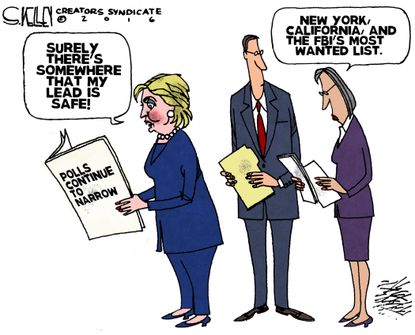 Political cartoon U.S. election Hillary Clinton lead FBI