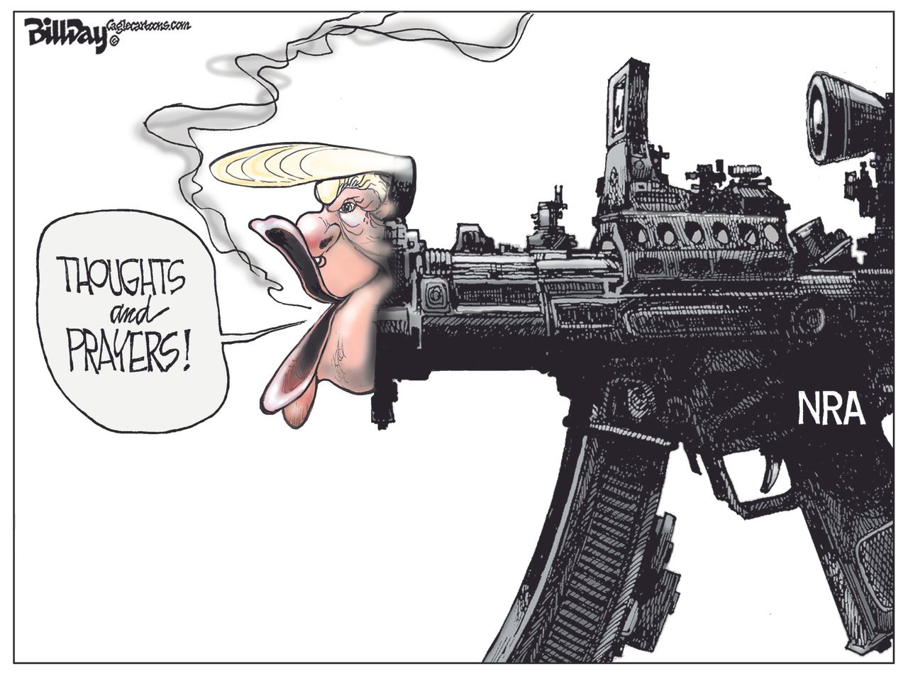 Political Cartoon U.S. Trump thoughts and prayers NRA