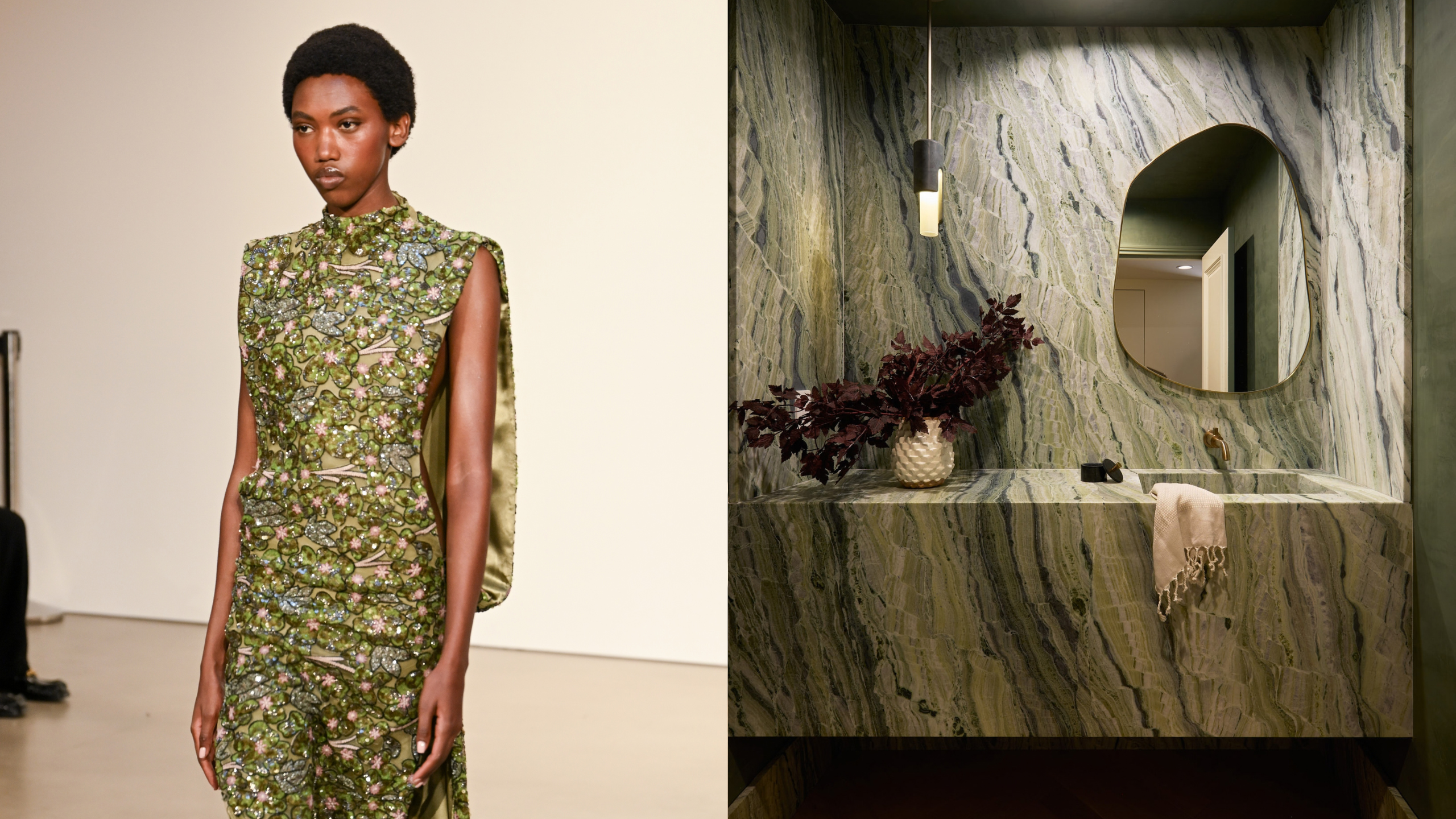 Side-by-side of a jade green embellished Prabal Gurung runway gown and a green quartzite bathroom vanity area with an organic-shaped mirror and modern pendant light