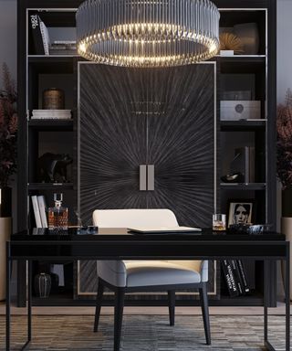 Black home office idea with chandelier by DelightFULL