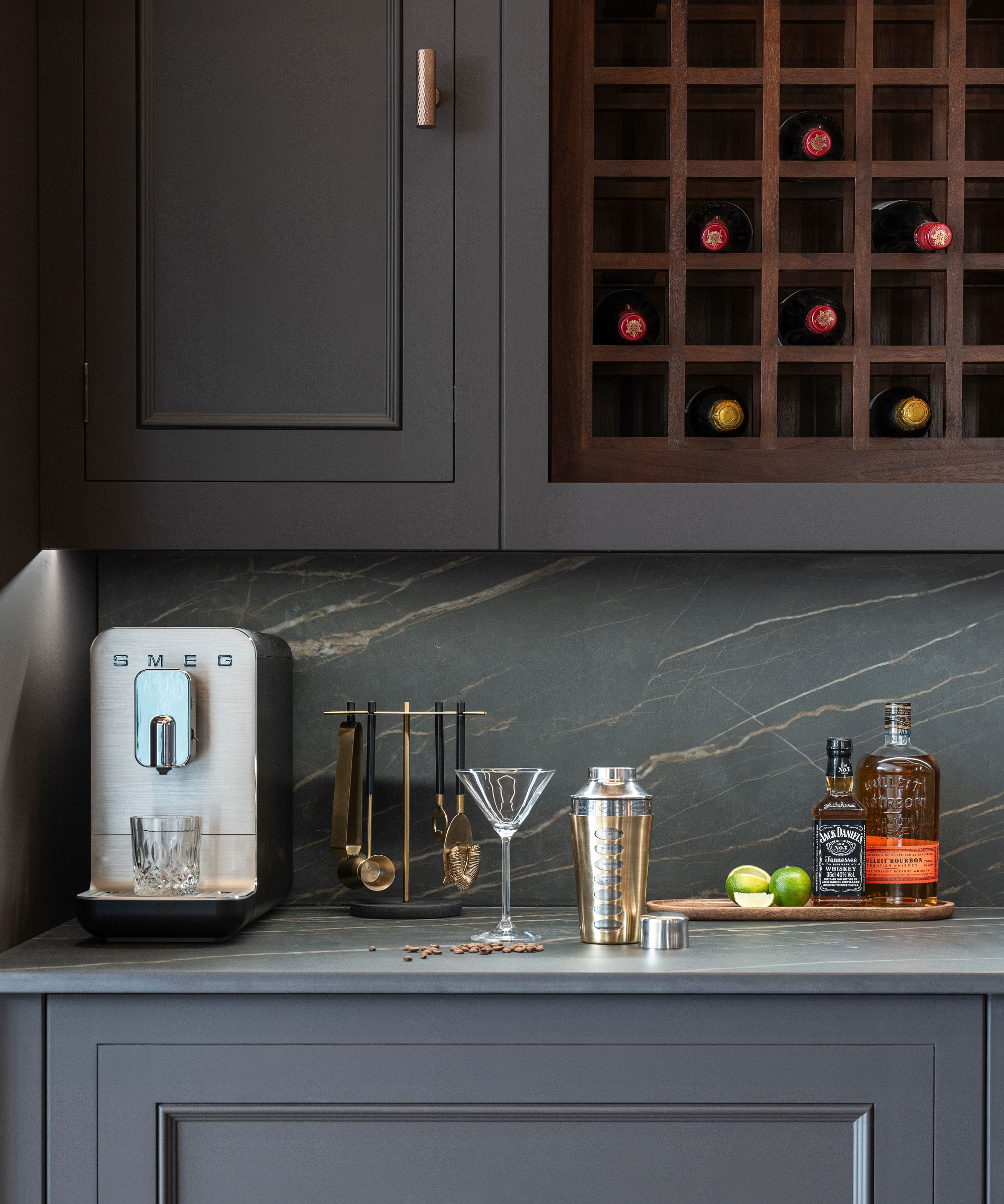 Harvey Jones Original kitchen in navy with wine rack