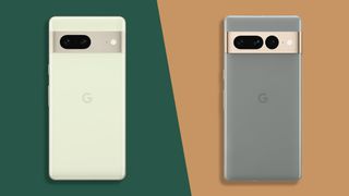 Google Pixel 7 in Lemongrass next to Google Pixel 7 Pro in Hazel on split two-color background