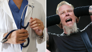Photos of a doctor and of Metallica's James Hetfield with his hands over his ears