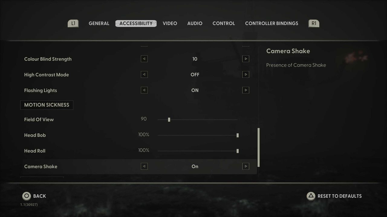 Screenshots of the accessibility menu from the video game Still Wakes the Deep