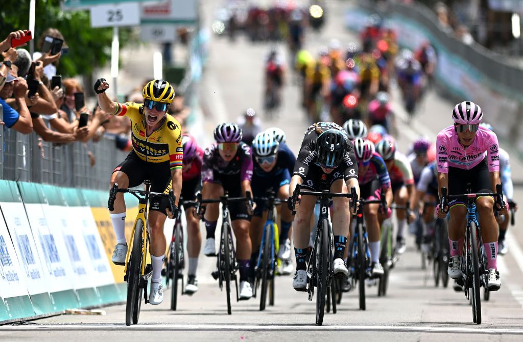  Marianne Vos of Netherlands and Jumbo Visma Team celebrates at finish line during the 33rd Giro dItalia Donne 2022 Stage 3 