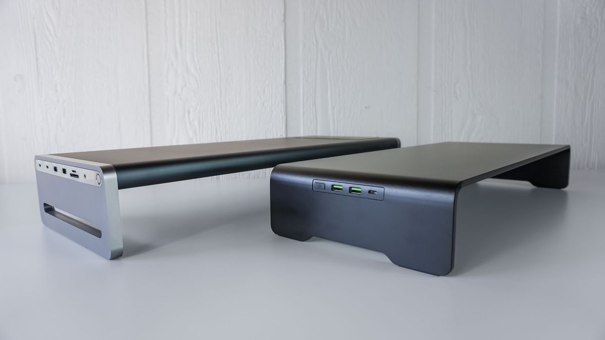 The Razer Monitor Stand Chroma next to the Anker 675 USB-C Docking Station on a table