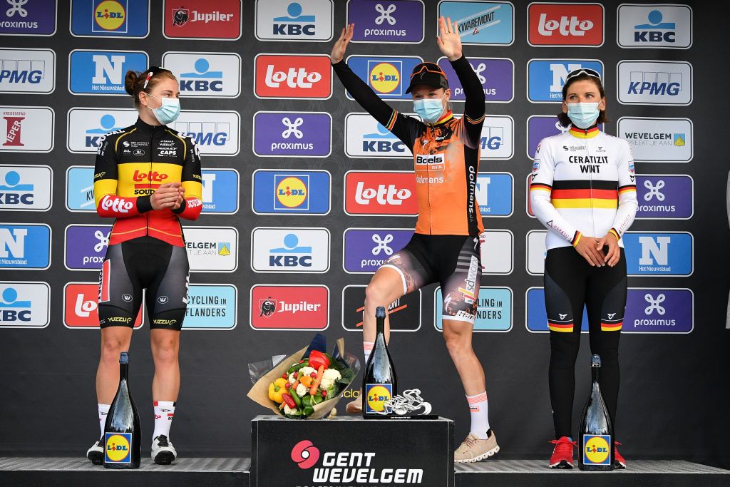 Belgian Lotte Kopecky of Lotto Soudal Belgian Jolien DHoore and German Lisa Brennauer pictured on the podium after the women elite race of the GentWevelgem In Flanders Fields one day cycling race 1411 km Sunday 11 October 2020 in Wevelgem BELGA PHOTO DAVID STOCKMAN Photo by DAVID STOCKMANBELGA MAGAFP via Getty Images