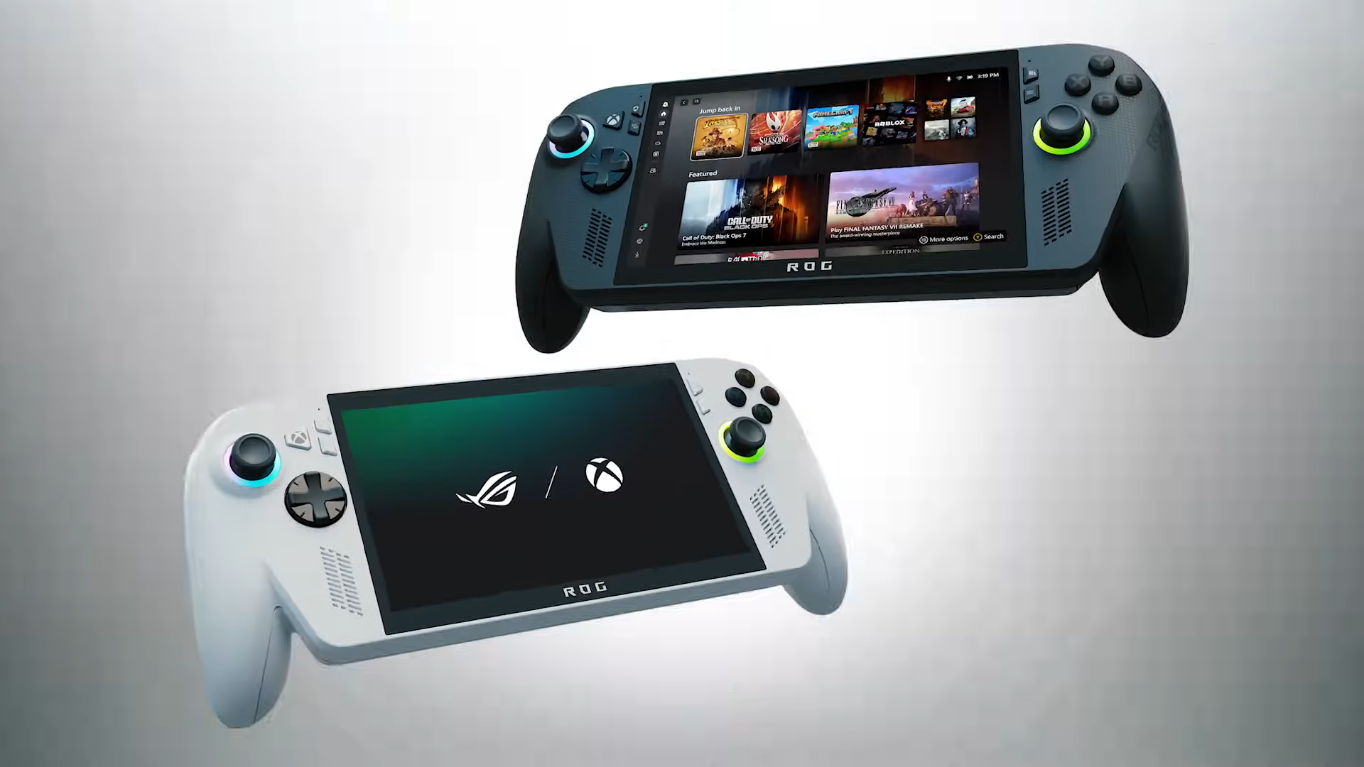 Black ROG Xbox Ally X on top right and white Xbox Ally on bottom left with gray backdrop.