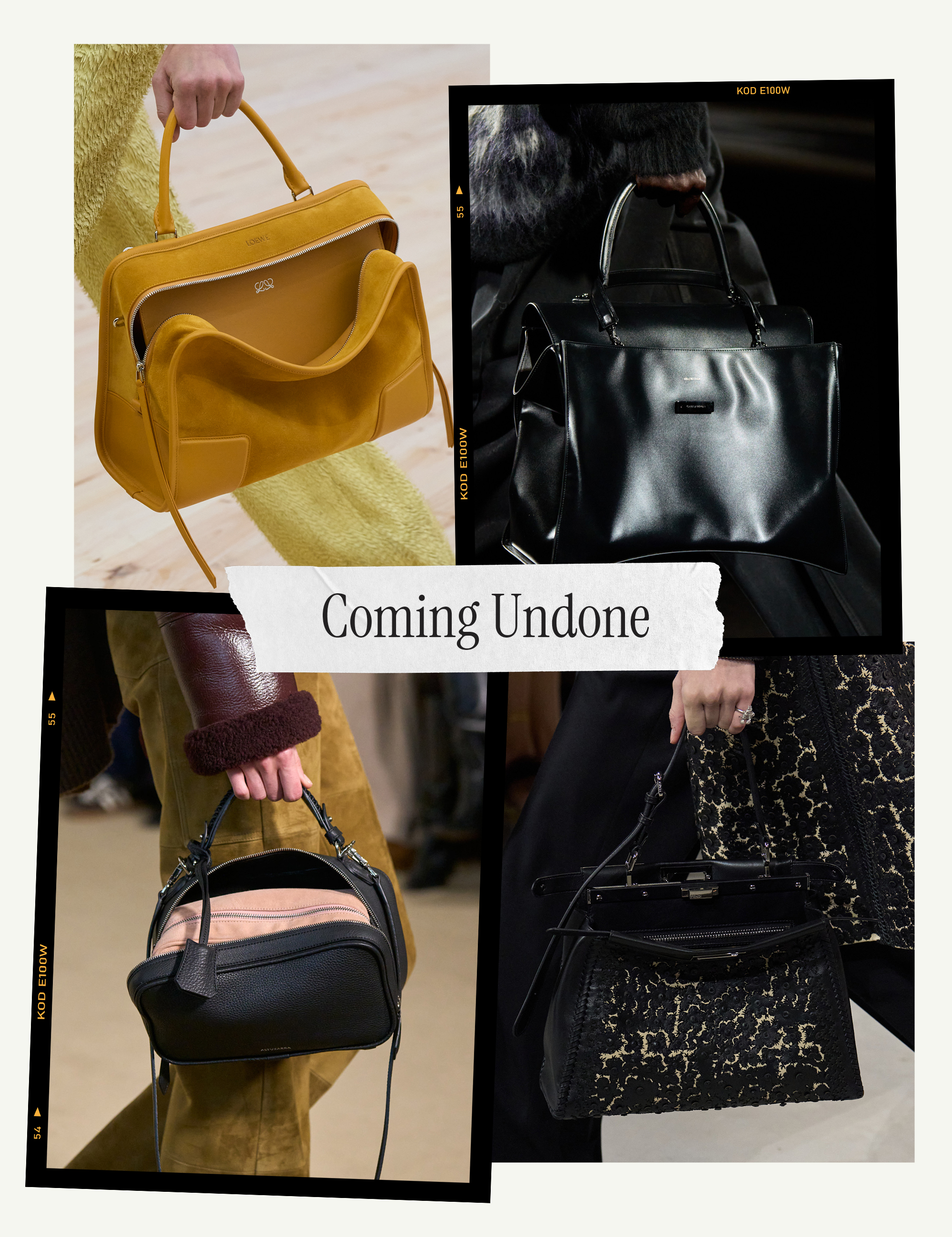a collage of detail runway images featuring the handbag trends of fall/winter 2026