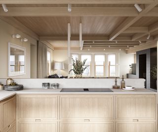 modern pale wood kitchen with ceiling featuring matching wood panels and beams to create a detailed ceiling design