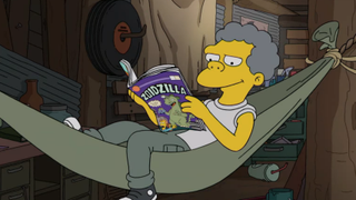 Moe reading Zoidzilla in The Simpsons