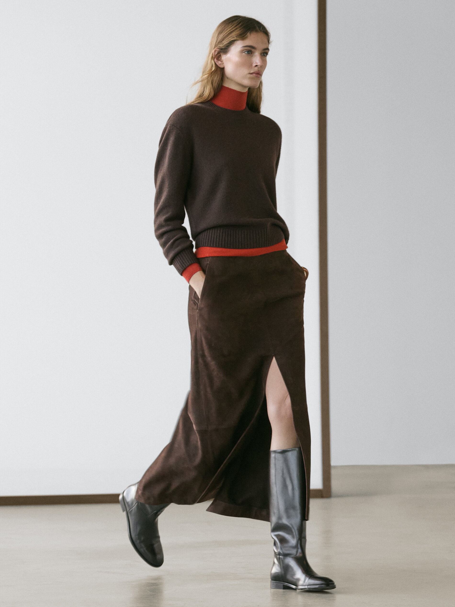 Straight Nubuck Leather Midi Skirt