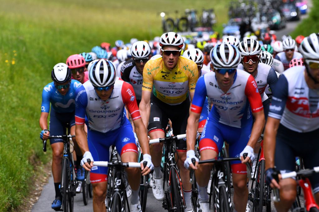 PFAFFNAU SWITZERLAND JUNE 08 Stefan Kng of Switzerland and Team Groupama FDJ Yellow Leader Jersey during the 84th Tour de Suisse 2021 Stage 3 a 185km stage from Lachen to Pfaffnau 509m UCIworldtour tds tourdesuisse on June 08 2021 in Pfaffnau Switzerland Photo by Tim de WaeleGetty Images