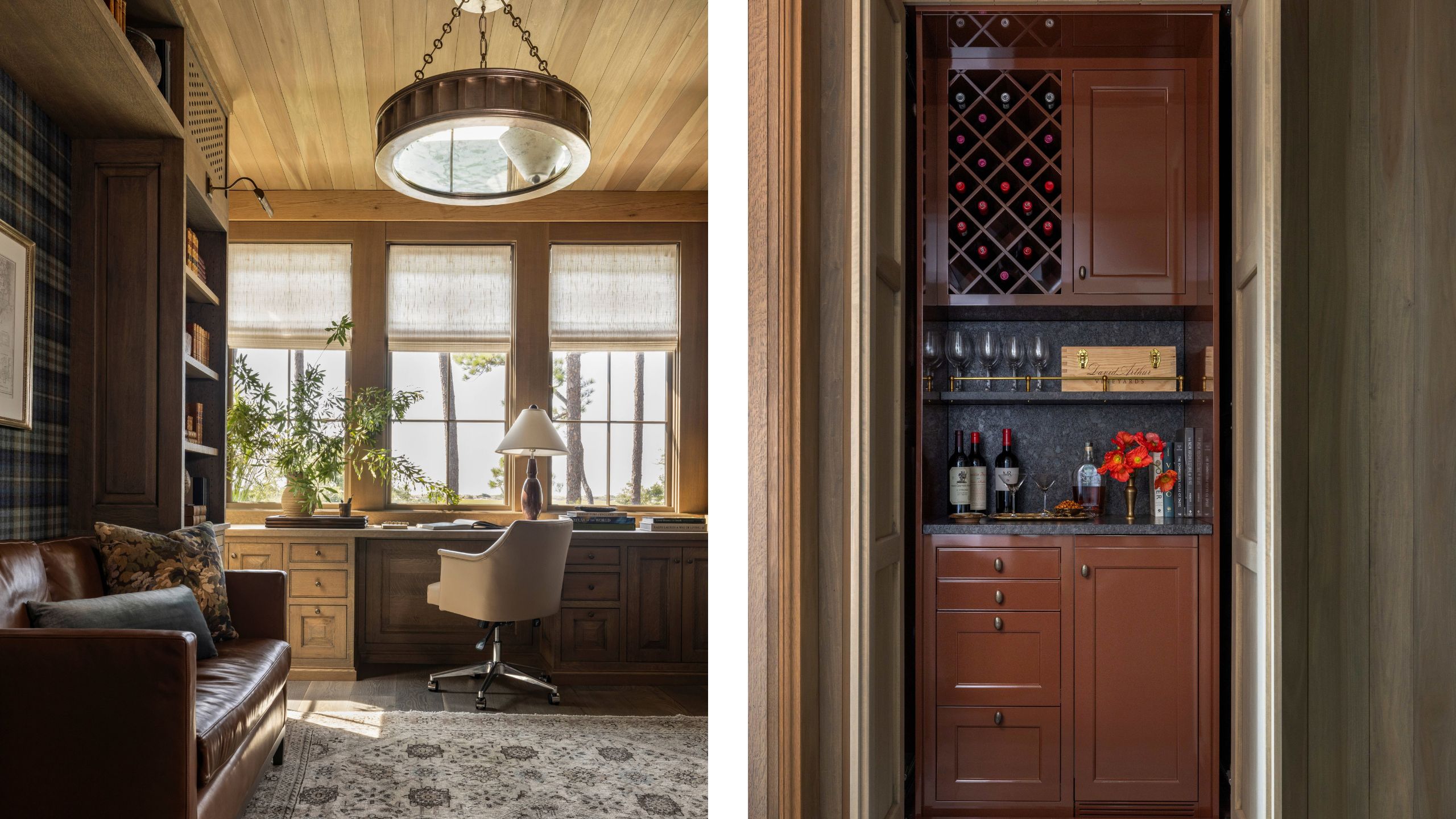 two side by side images of a wood-wrapped home office and a glossy red brown home bar
