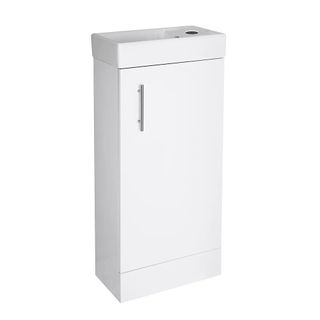 A slimline white vanity unit with a compact basin 