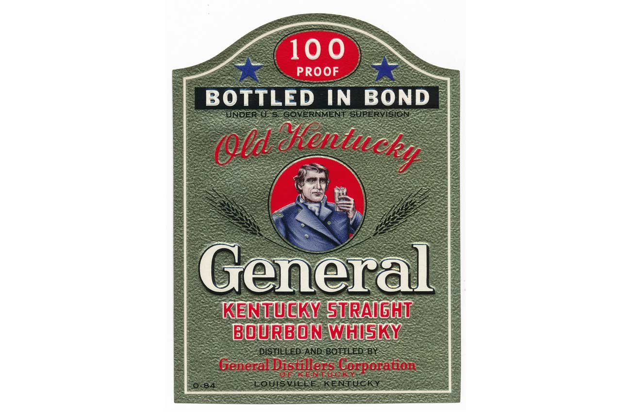 Vintage label for a bottle of 'Old Kentucky General' bourbon whiskey