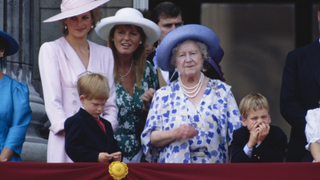 The royal family on the balcony of Buckingham Palace in London during the Trooping the Colour ceremony, UK, 17th June 1989. From left to right, Diana, Princess of Wales with Prince Harry in front, Sarah, Duchess of York, Prince Andrew behind, Queen Elizabeth the Queen Mother, and Prince William