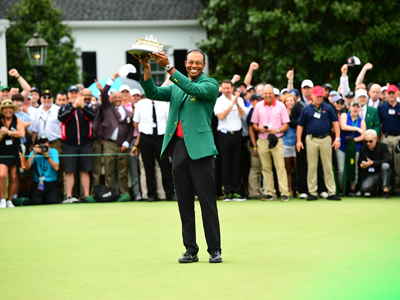 Tiger Woods with the Green Jacket after winning The Masters in 2019