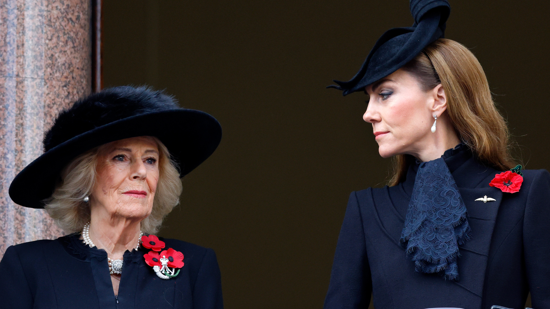 Queen Camilla and Kate Middleton box wear black outfits and red poppies on Remembrance Sunday at The Cenotaph in London