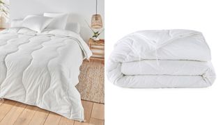 lifestyle image of a bedroom with an all-season duvet with ties next to a cutout shot of a rolled duvet