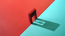 Career change concept image showing man standing in between two different colored sections with a doorway separating each side.