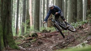 Remy Metailler doing a jump on a e-MTB in a forest