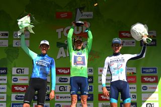 LEVICO TERME ITALY APRIL 19 LR Ben Oconnor of Australia and Decathlon Ag2R La Mondiale Team on second place race winner Juan Pedro Lopez of Spain and Team LidlTrek and Antonio Tiberi of Italy and Team Bahrain Victorious on third place pose on the overall podium ceremony after the 47th Tour of the Alps 2024 Stage 5 a 1186km stage from Levico Terme to Levico Terme on April 19 2024 in Levico Terme Italy Photo by Tim de WaeleGetty Images