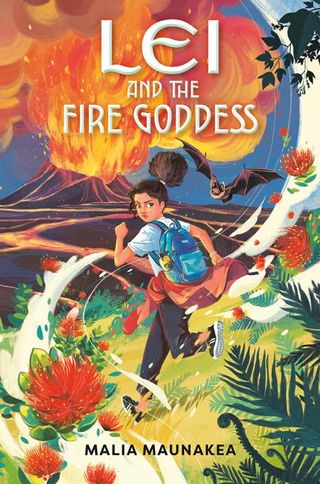 Image of book cover of a cartoon girl running towards a volcano 