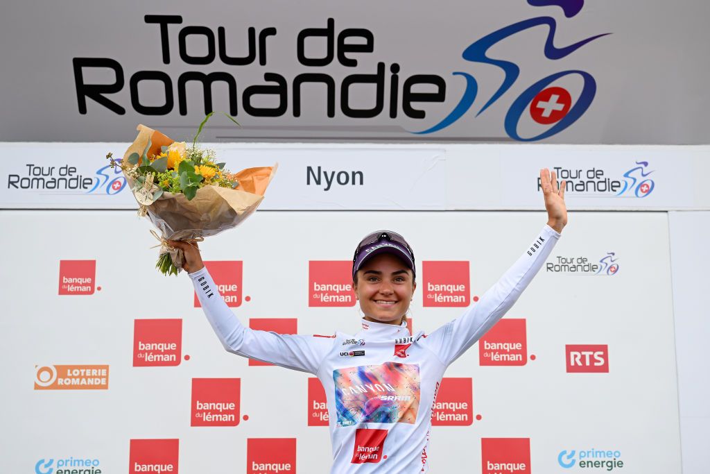 NYON SWITZERLAND SEPTEMBER 17 Ricarda Bauernfeind of Germany and CanyonSRAM Racing Team celebrates at podium as White Best Young Rider Jersey winner during the 2nd Tour de Romandie Feminin 2023 Stage 3 a 1108km stage from Vernier to Nyon UCIWWT on September 17 2023 in Nyon Switzerland Photo by Dario BelingheriGetty Images