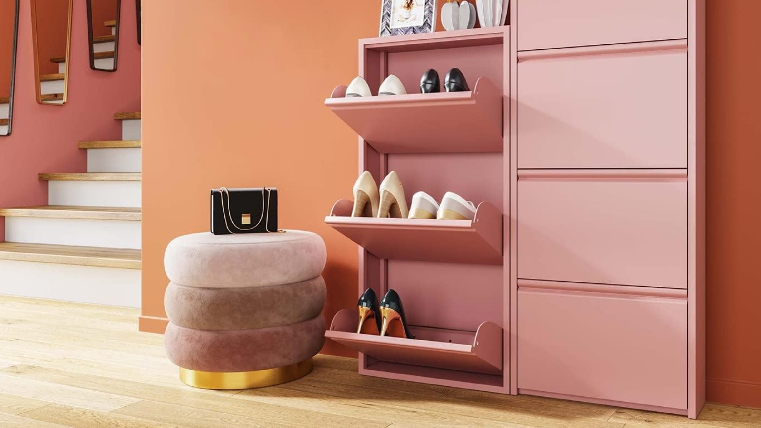 a pink shoe cabinet in an orange hallway with a stool