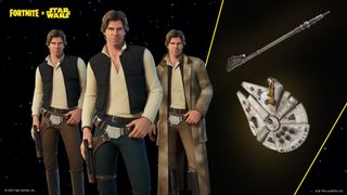 collage of han solo skins, the millennium falcon and a weapon in fortnite
