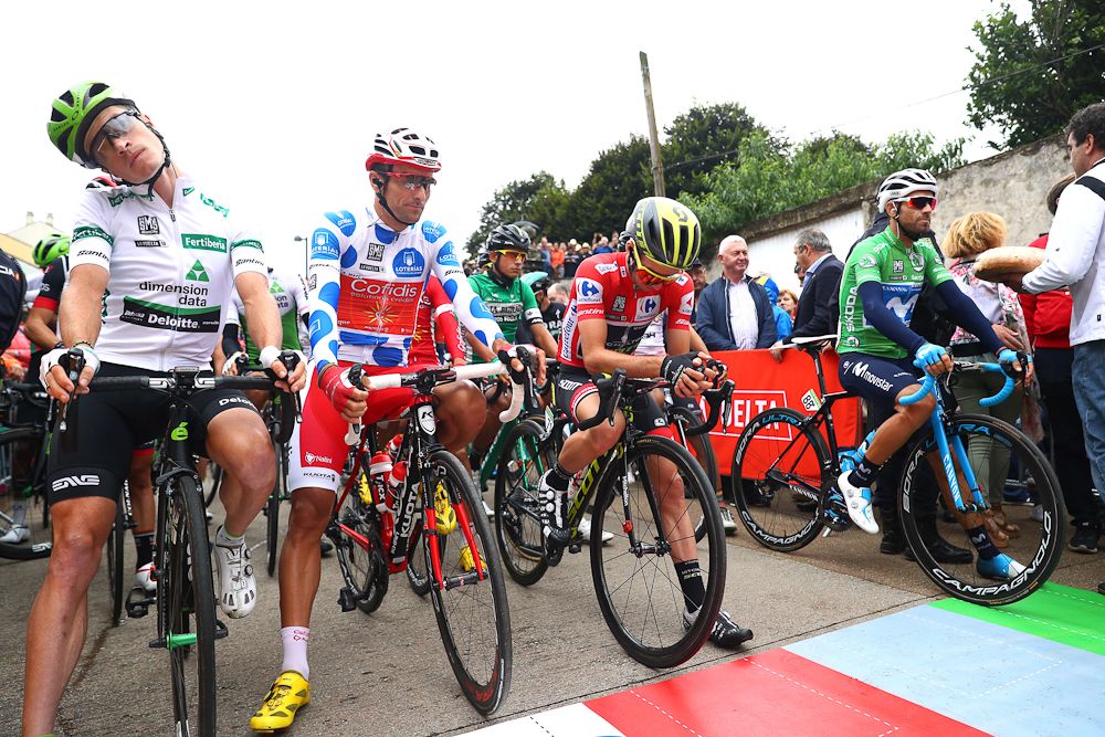 Riders get ready for the start of stage 12 at the Vuelta