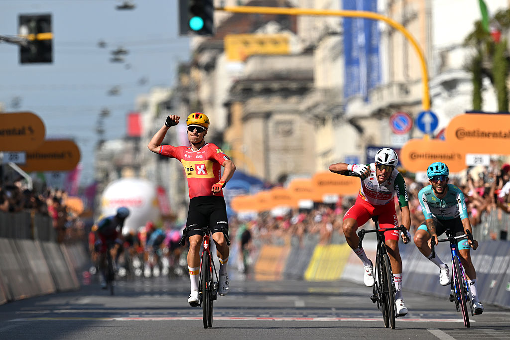 Fredrik Dversnes Lavik (Uno-X Mobility) celebrates winning stage 15 of the 2026 Giro d'Italia in MIlan, Italy. (Photo by Tim de Waele/Getty Images)