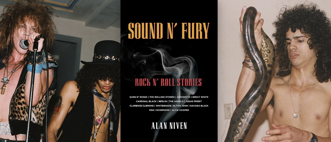 Collage of the Sound N' Fury book cover, plus axl and Slash (holding a snake)