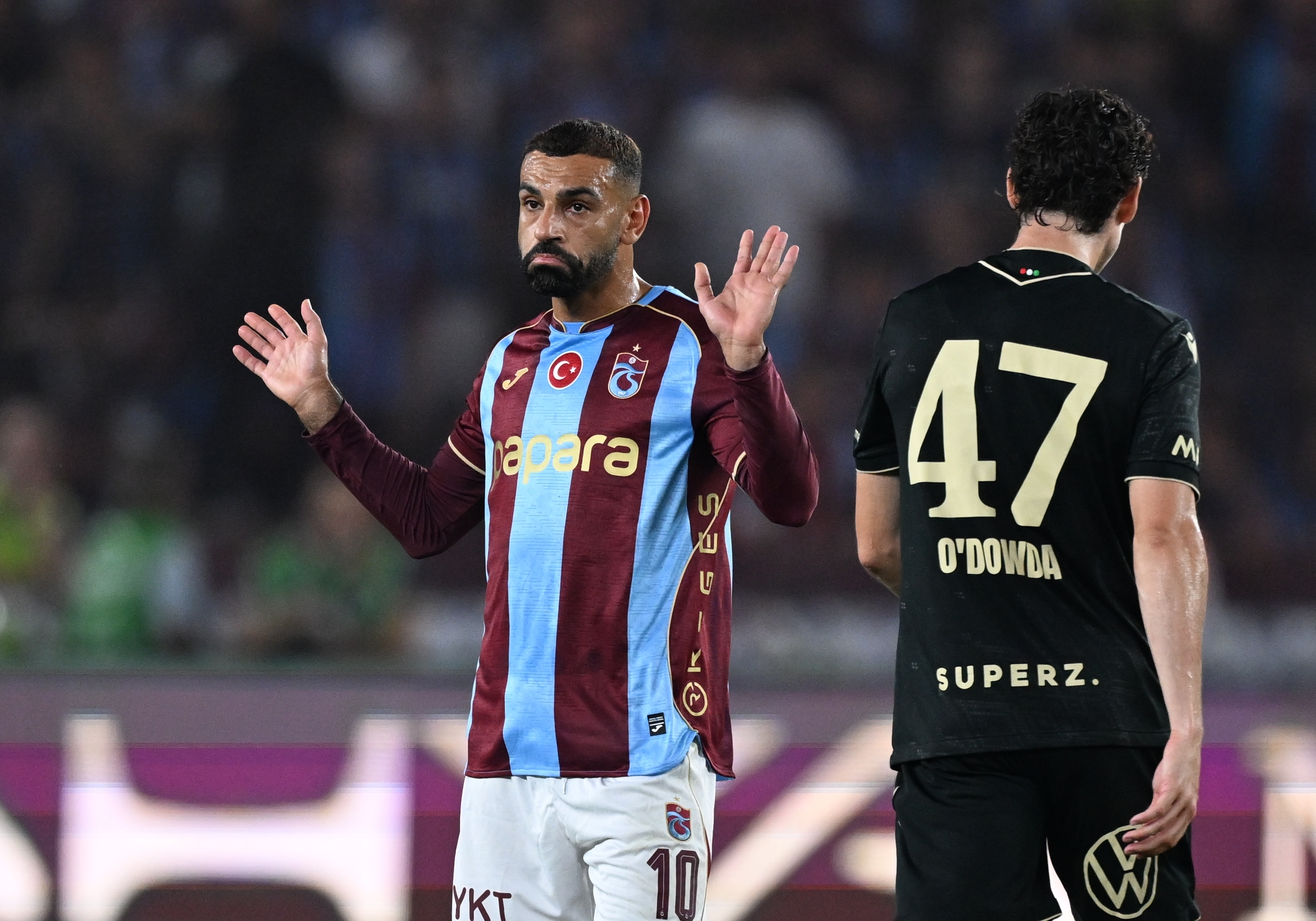 TRABZON, TURKIYE - AUGUST 20: Mohamed Salah of Trabzonspor gestures during the first leg of the UEFA Europa League play-off round between Trabzonspor and Ferencvaros at Papara Park in Trabzon, Turkiye, on August 20, 2026. (Photo by Hakan Burak Altunoz/Anadolu via Getty Images)